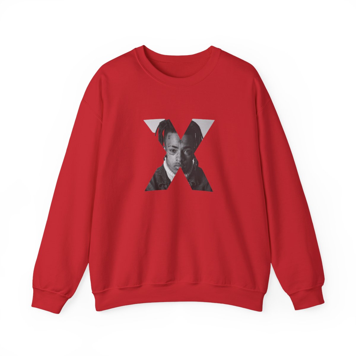 White crew neck sweatshirt with a black and white portrait of a person's face inside a grey X. The text "XXXTENTACION" is printed vertically on the left side of the X